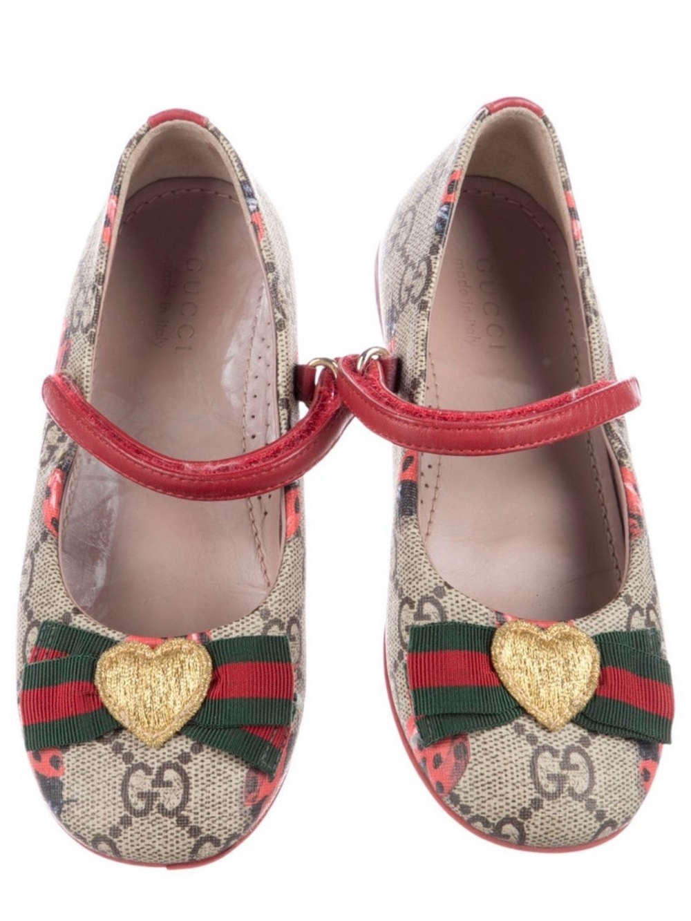 Gucci Beige GG Canvas Girls' Mary Janes with Red Trim and Green Ribbon